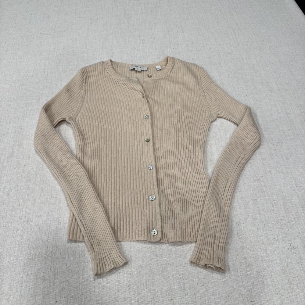 Vince Cardigan Sweater Womens Small Beige Cashmere Silk Ribbed Button Front